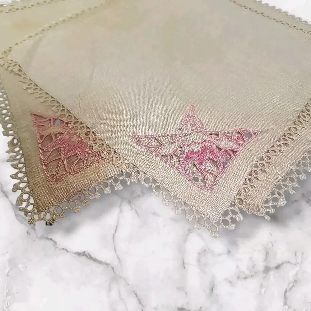 Vintage 1940s Set of 4 Cutwork Napkins with Tatted Edges Beige Pink 9